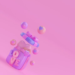 Love it. 3d Valentine s day design. Open gift box full of decorative festive object. Holiday banner, web poster, flyer, stylish brochure, greeting card, background cover. 3d rendering