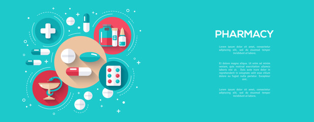 Pharmacy Poster With Flat Icons. Vector illustration for medical or healthcare presentation, document cover and layout template design. Drugs and Pills, Lab Tests, Medication Concept