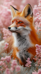 Fototapeta premium Captivating red fox in a field of pink flowers during a serene Valentine’s Day moment