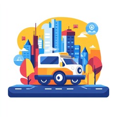 Naklejka premium Yellow van on city street, flat design illustration.