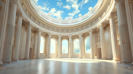 3D background for product display, featuring an interior of the Greek pantheon with a dome and walls made from beige plaster. 