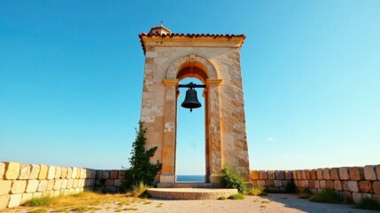 Obraz premium Serene coastal bell tower with stone archway, overlooking a tranquil ocean vista under a vibrant summer sky