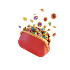red purse overflowing with colorful gems