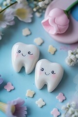 Two plastic tooth-shaped candy with faces. The sweets are pink and white.