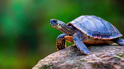 Obraz premium Colorful turtle basking on rock, lush green background, wildlife nature scene, perfect for nature documentaries