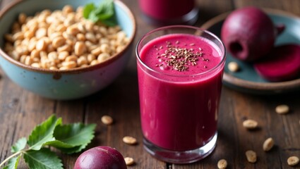 A healthy breakfast setup with beetroot juice, granola, and fresh beets on a rustic wooden table

