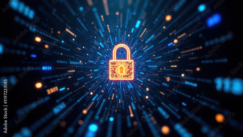 Wall mural computer security concept with a digital lock and vibrant cyber network background.