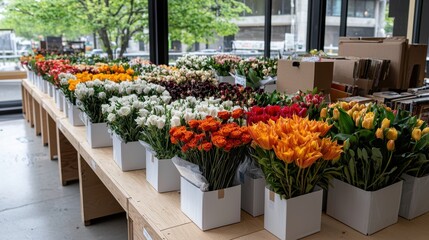 Fototapeta premium Vibrant Floral Display in a Modern Shop with Colorful Bouquets and Fresh Blooms