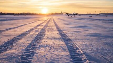 Snow-covered runway with faint tire tracks, soft sunlight casting long shadows, distant planes blurred, shallow focus. Winter serenity in motion.