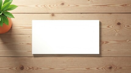 Naklejka premium Blank paper mockup on a light wood surface with a small potted plant