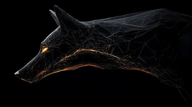 Abstract polygonal wolf head, glowing eyes, dark background.