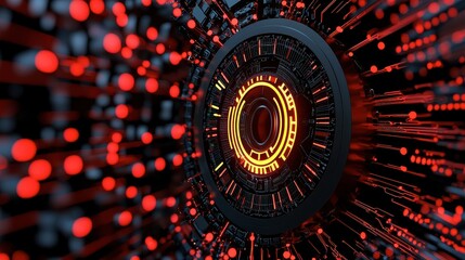 Abstract Futuristic Background with Red Lights and Digital Circuits