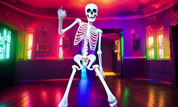 A funny dancing skeleton haunted house, animated neon rainbow flares that flicker and echo with each move. walls glow with Halloween colors, 4k Animation Video