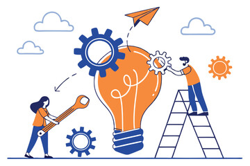 Flat design illustration, teamwork concept, giant light bulb, tiny people collaborating, business idea, innovation, problem-solving, blue and orange color scheme, minimalist style, vector art, creativ
