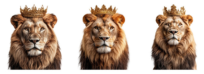 Majestic Lion Portraits with Crowns on Transparent Backgrounds