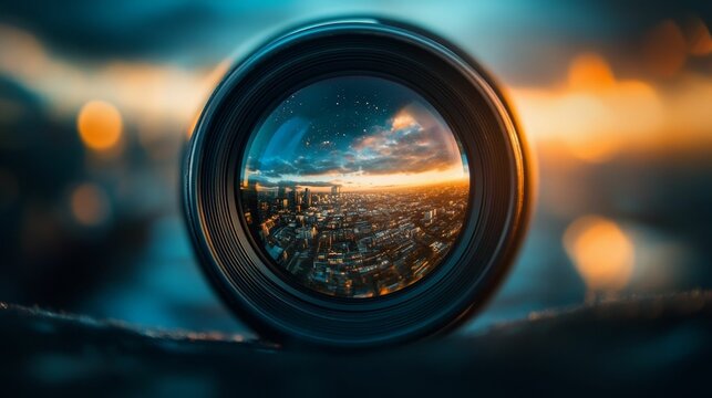 City view seen through a camera lens, twilight sky.