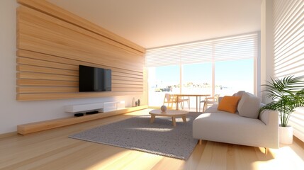 Fototapeta premium An open plan living area with a modular sofa system, a minimalist media console, and a sleek dining table and chairs, creating a flexible and functional living space.