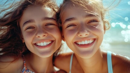 Fototapeta premium Happy, smiling girls enjoying their time at the beach. Taking a selfie together.