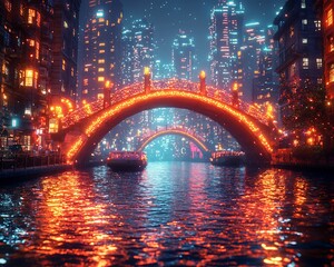 Obraz premium Illuminated bridge over canal in futuristic city at night.