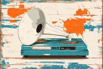 A vintage-style poster featuring a white gramophone on a muted beige background, with bold retro typography and subtle distressing