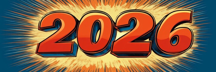 Obraz premium Vibrant Pop Art Explosion With The Number 2026, Bold Color Scheme And Retro Comic Style Design