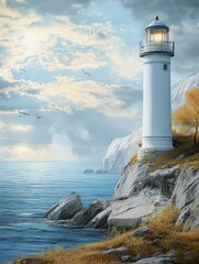 Naklejka premium Glowing lighthouse overlooking serene ocean. Birds and calm sea. Lonely island under cloudy sky.