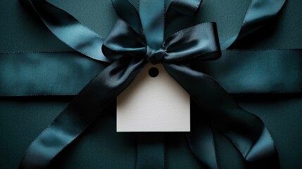 A beautifully wrapped gift featuring a dark teal ribbon bow and a blank tag attached, resting on a dark background.