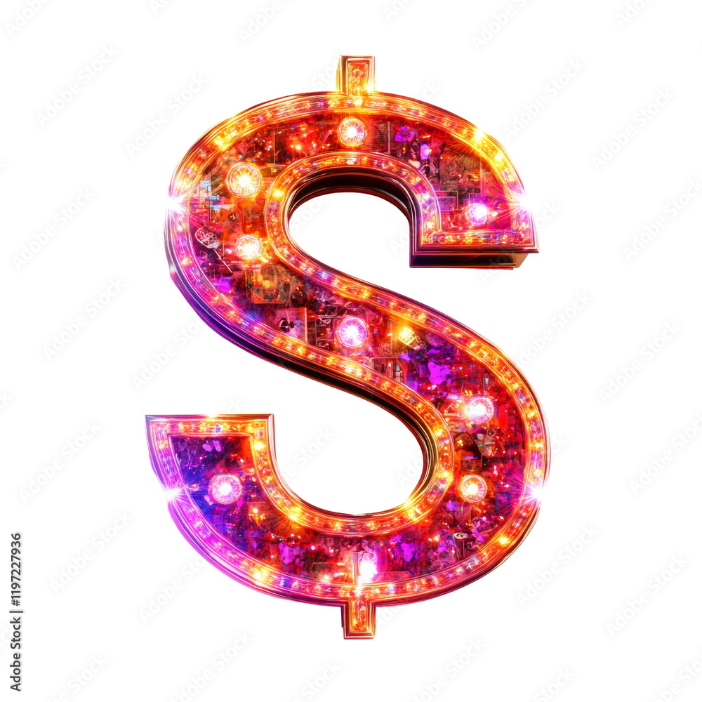 Poster a brightly lit dollar sign symbol composed of numerous small lights creating a dazzling and vibrant 