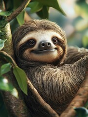 Fototapeta premium The image shows a slow loris, a small mammal found in the rainforests of Southeast Asia. It's known for its slow movements and for being able to hang from branches.