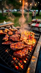 Delicious BBQ Grill with Sizzling Meat and Vegetables, Perfect for Outdoor Cooking