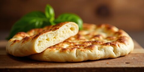 Fototapeta premium Aromatic Flatbread, Golden Crust, and Soft Interior, Baked to Perfection on Rustic Wooden Board with Fresh Basil