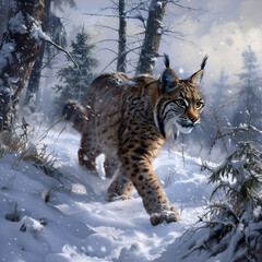 Obraz premium Winter Wonderland: A Stalk in the Snow - Capturing the Lynx in its Pristine, Snowy Habitat