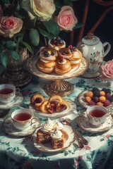 Fototapeta premium A table set for afternoon tea with elegant serving pieces and a variety of baked goods.