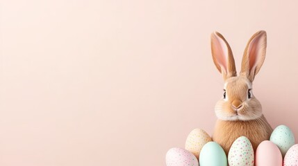 Hovering Easter eggs, fluffy white bunny in the foreground, soft peach background, open yellow space for promotional text.
