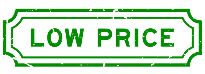 Grunge green low price word rubber seal stamp on white background