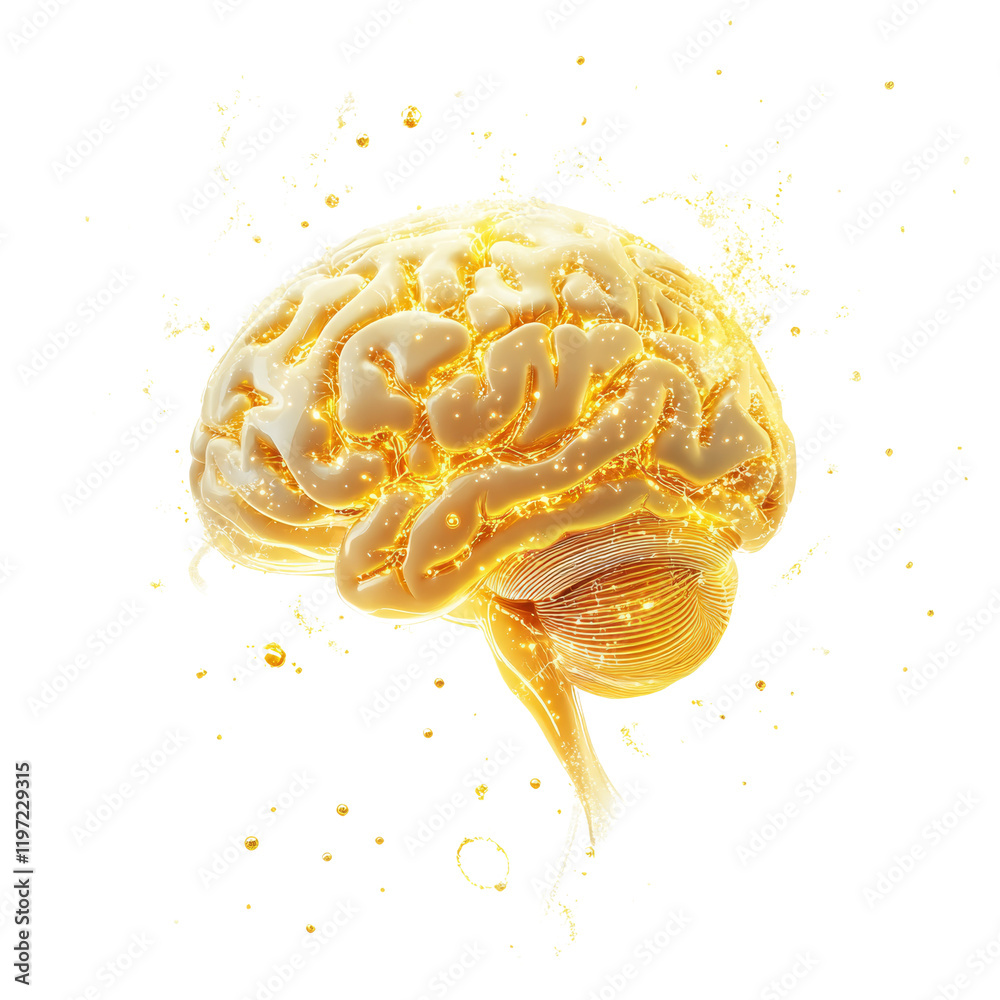 Poster A 3D rendering of a human brain depicted in gold liquid with splashes and bright glowing neural pathways.