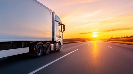A large semi truck is driving down a road at sunset