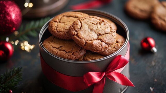 Delicious cookies in a metal tin box, tied with a red ribbon, perfect for gifting during the holidays