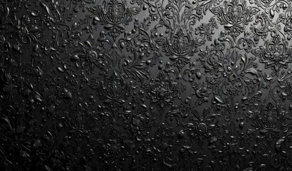 Close up of black surface with intricate floral medallion pattern of raised flowers and leaves