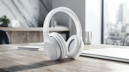 A pair of modern white headphones rests on a clean wooden desk in a stylish office environment, showcasing a minimal and professional aesthetic.