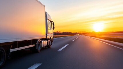 A large semi truck is driving down a highway at sunset