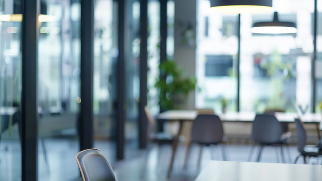 bright modern office interior, white background, blurred backdrop, glass partitions meeting room