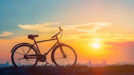 Obraz premium A bicycle in the city at sunset, silhouetted against a warm yellow sunny evening