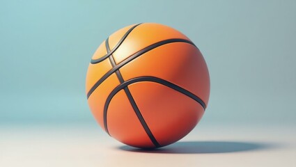 Orange basketball with black lines resting on light surface, sports equipment for training, game, or fitness activities, blue gradient background, indoor lighting, minimalistic and vibrant mood