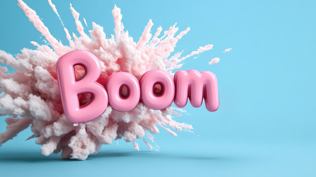 Pink 3D "Boom" text with fluffy white explosion against blue background