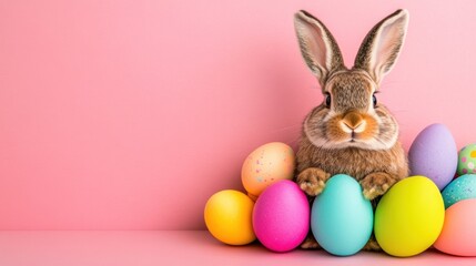 Hovering Easter eggs, fluffy white bunny in the foreground, soft peach background, open yellow space for promotional text.