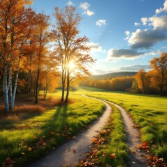 Fototapeta premium Scenic autumn landscape, golden hour sunlight, winding country road