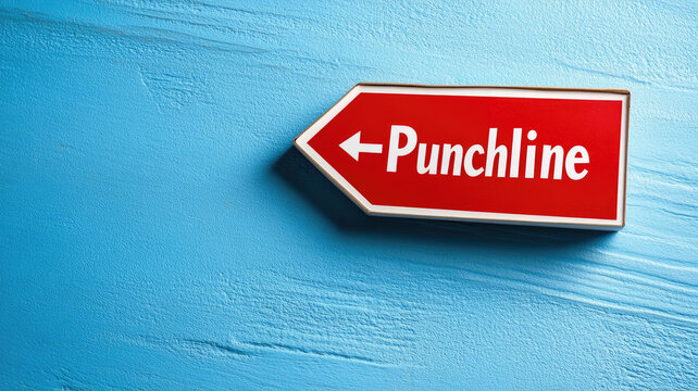 Red punchline sign on blue textured wall background