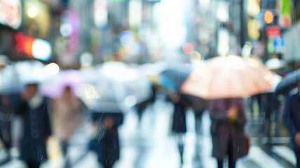 urban autumn blurred background, rain weather in the city crowd of people and umbrellas, beautiful abstract city