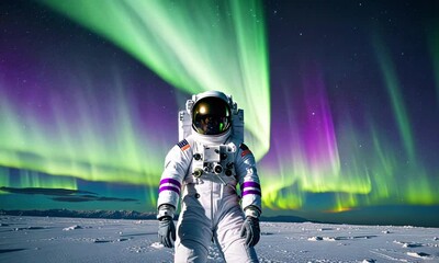 Full portrait of female astronaut is positioned against a backdrop of Earth's auroras, the green and purple hues contrasting with her stark white or gray spacesuit, 4k Animation Video